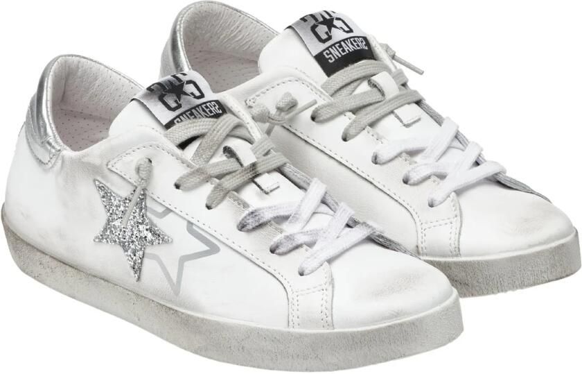 2Star Witte Leren Lage Sneakers met Zilveren Glitterdetails - Foto 6