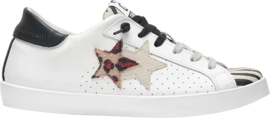 2Star Witte leren sneakers met zebra- luipaard- en zwarte details