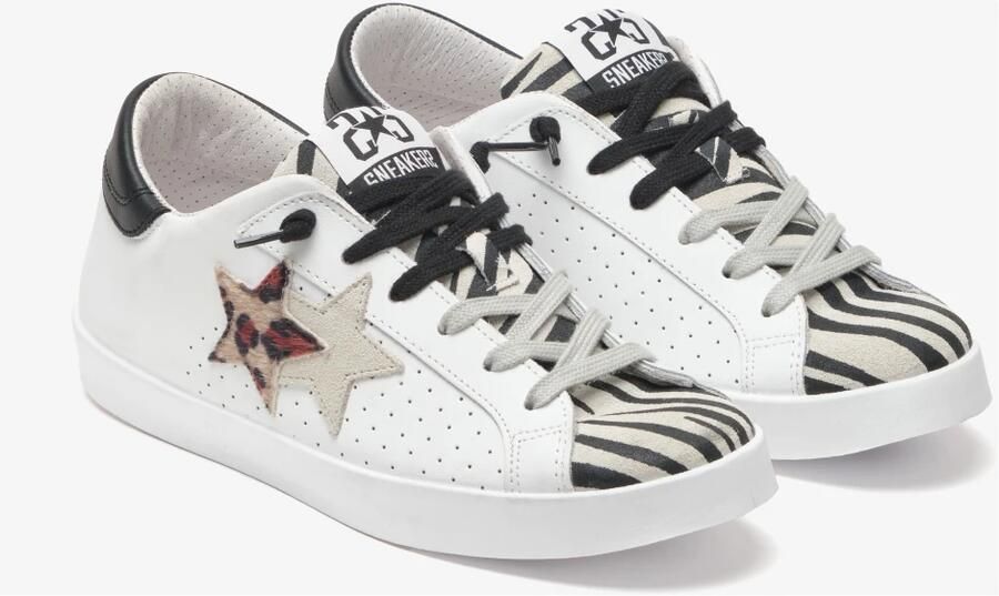 2Star Witte leren sneakers met zebra- luipaard- en zwarte details - Foto 3