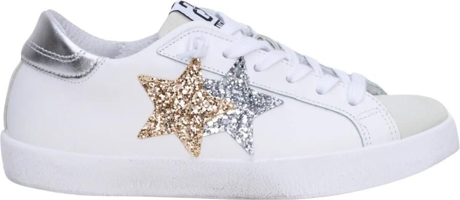 2Star Handgemaakte Italiaanse leren sneakers wit goud zilver