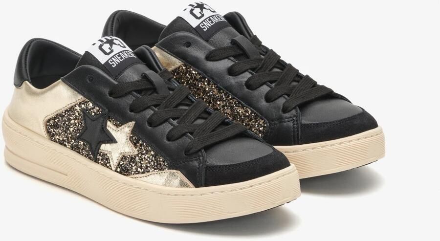 2Star Zwarte leren sneakers met gouden details - Foto 4