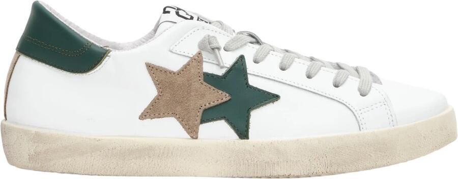 2Star Witte leren sneaker met groene en taupe leren details