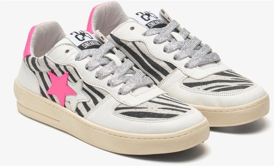 2Star Witte leren Padel Sneaker met Zebra Details