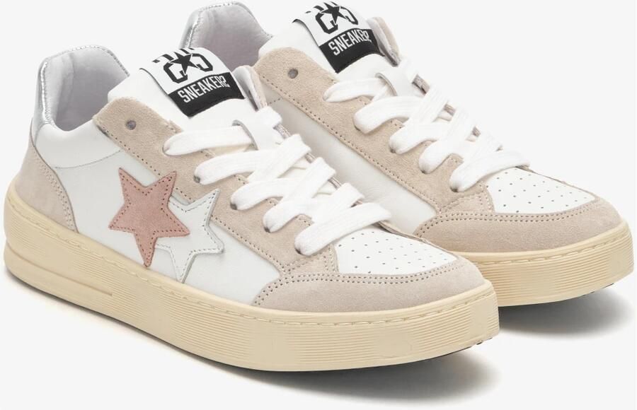 2Star Witte leren sneaker met beige en roze details