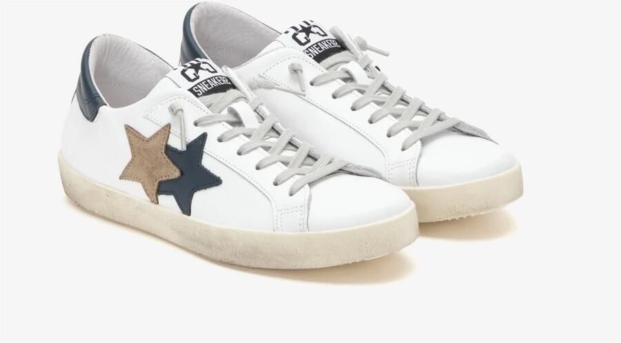 2Star Witte Leren Sneaker met Blauwe en Taupe Details