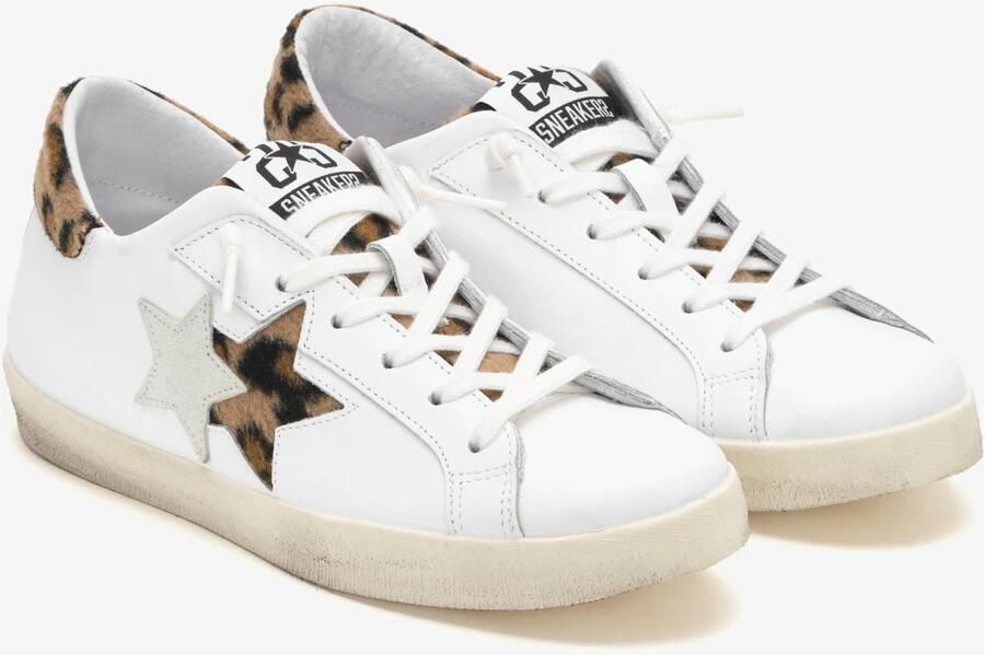 2Star Witte leren sneaker met bruine luipaardprint details
