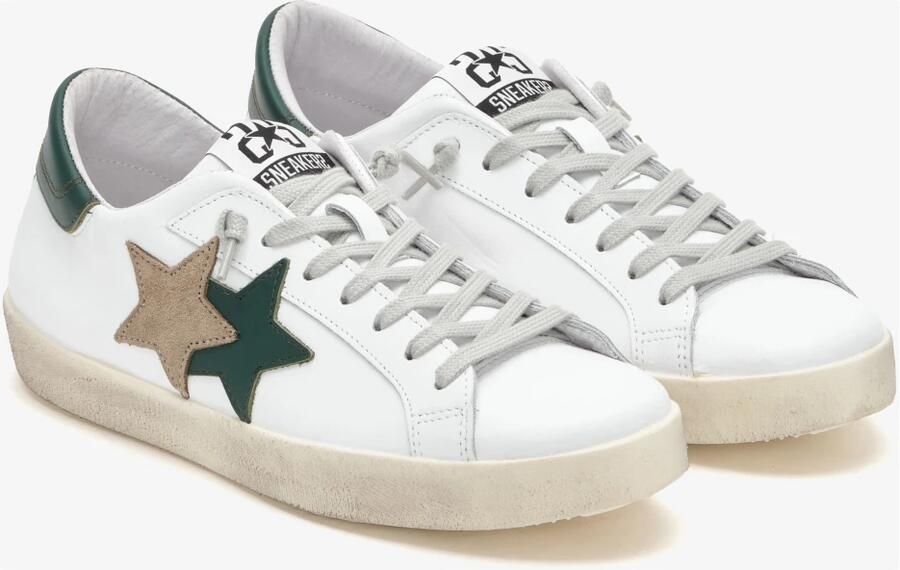 2Star Witte leren sneaker met groene en taupe leren details