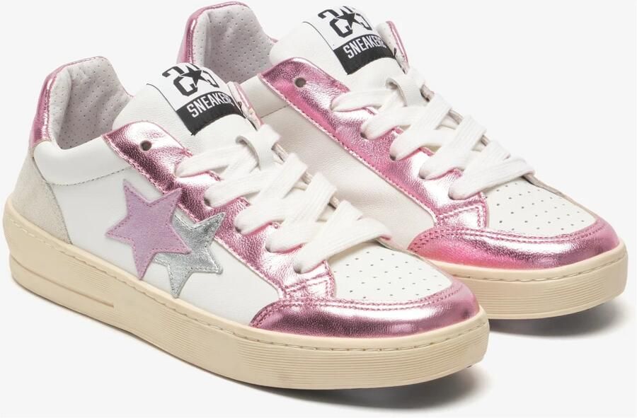 2Star Witte leren sneaker met roze en zilveren details