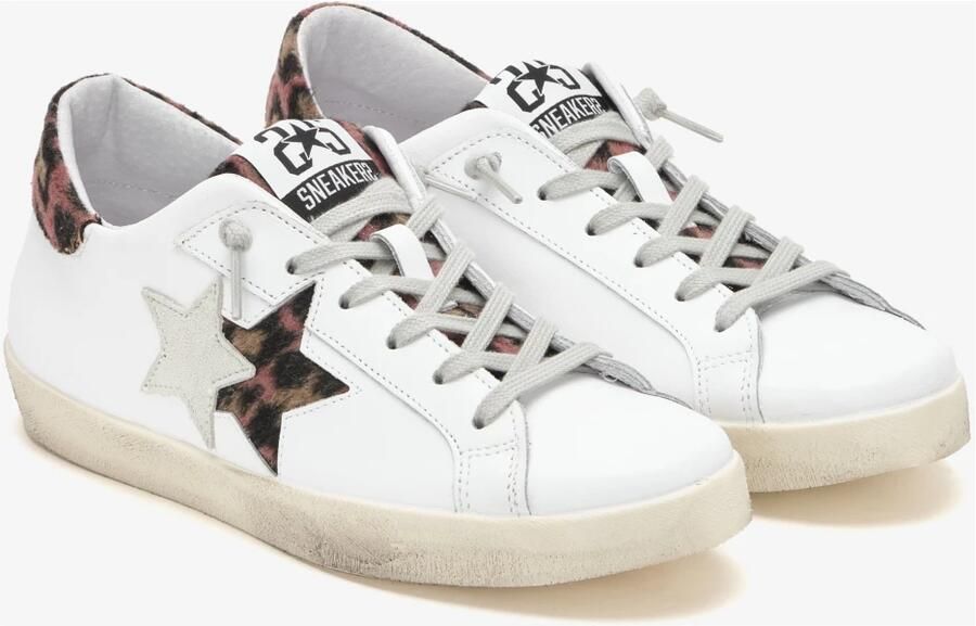 2Star Witte leren sneaker met roze luipaardprint details