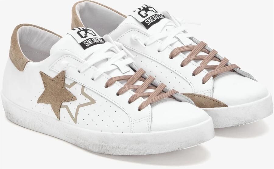 2Star Witte Leren Sneaker met Taupe Suède Details