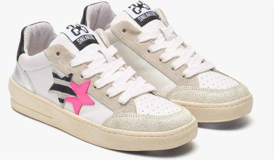 2Star Witte leren sneaker met zebra- en fuchsiadetails