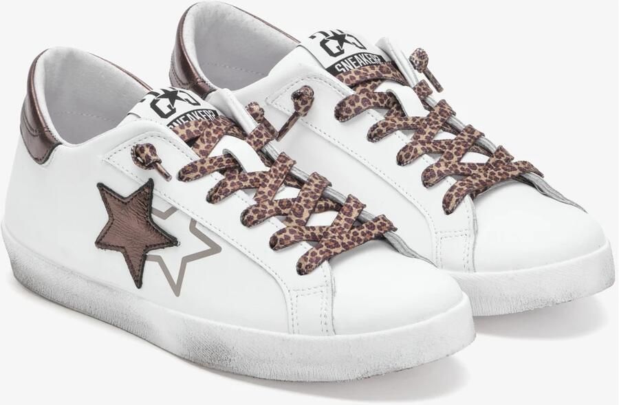 2Star Witte leren sneakers met bruine laminaat en luipaarddetails