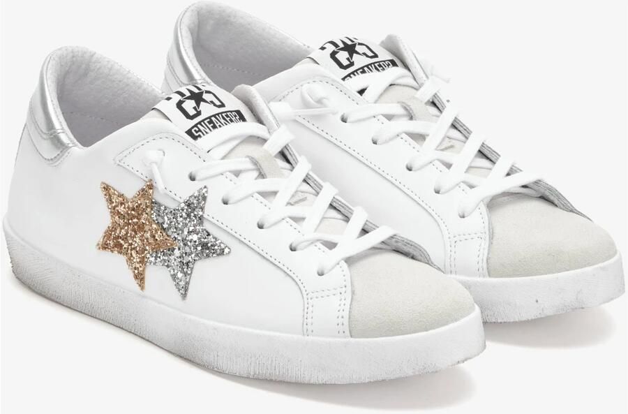 2Star Handgemaakte Italiaanse leren sneakers wit goud zilver