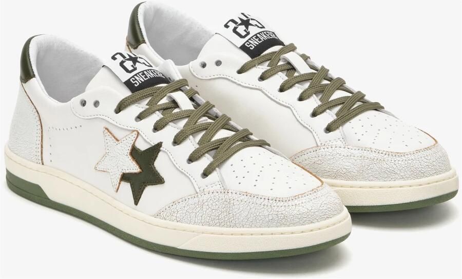 2Star Witte Leren Sneakers met Militair Groene Details