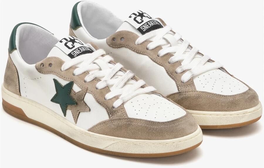 2Star Witte Leren Sneakers met Taupe en Groene Suède Details