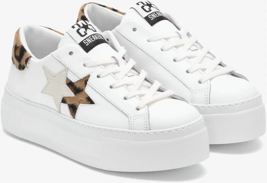 2Star Witte Leren Ster Sneaker met Bruine Ecofur Details