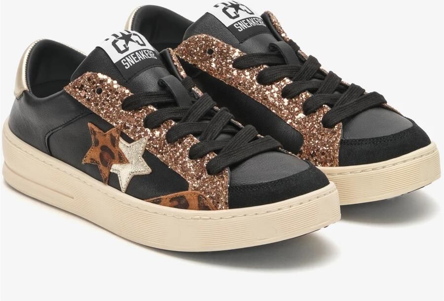 2Star Zwarte leren sneaker met gouden en luipaard details