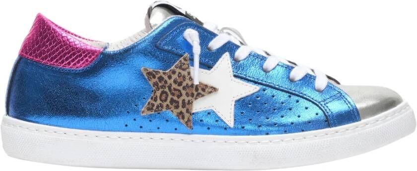 2Star Elektrisch Blauwe Leren Sneakers met Fuchsia Luipaard en Witte Details