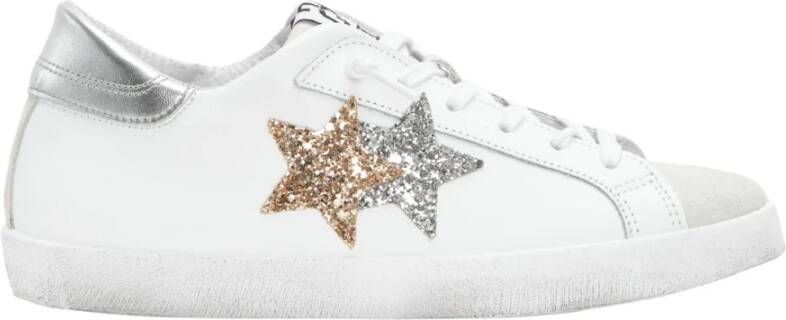 2Star Handgemaakte Italiaanse leren sneakers wit goud zilver