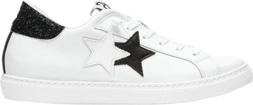 2Star Witte Leren Lage Sneaker met Glitterdetails en Zwart Leer