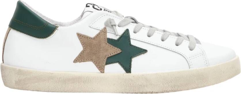2Star Witte leren sneaker met groene en taupe leren details