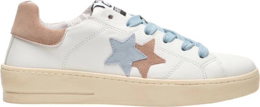 2Star Witte leren sneaker met roze en lichtblauwe suède details