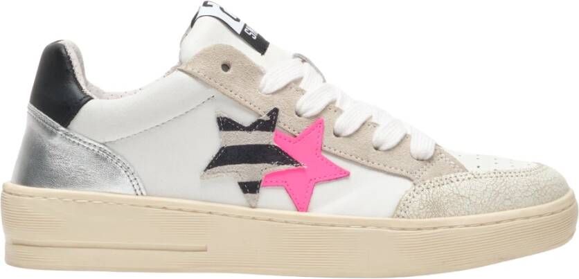 2Star Witte leren sneaker met zebra- en fuchsiadetails