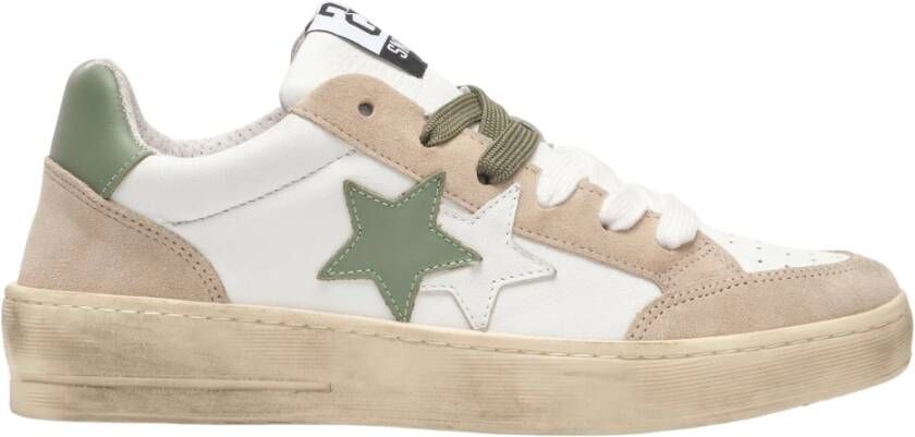 2Star Witte Leren Sneakers met Taupe en Groene Details