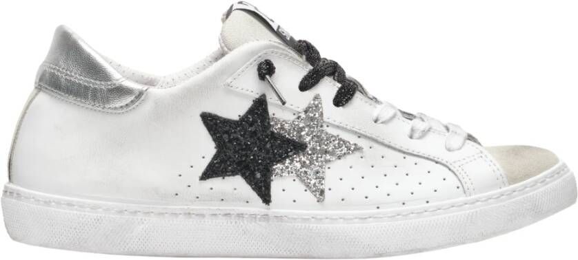2Star Witte Leren Sneakers met Zwarte en Zilveren Details
