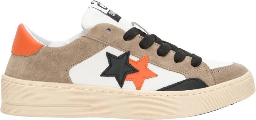 2Star Witte Leren Ster Sneaker met Taupe Zwart en Oranje Details