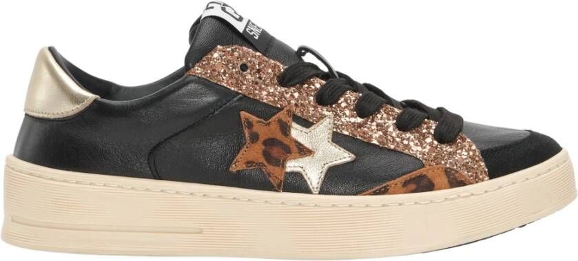 2Star Zwarte leren sneaker met gouden en luipaard details