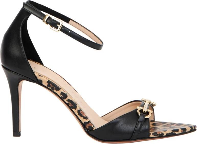 Albano Zwarte leren sandalen met dierenprint detail
