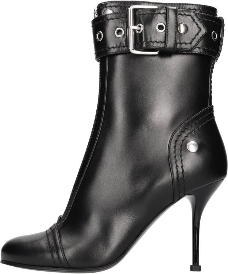 Alexander mcqueen Zwarte Leren Enkellaarzen met Ritssluiting en Metalen Gesp Black Dames