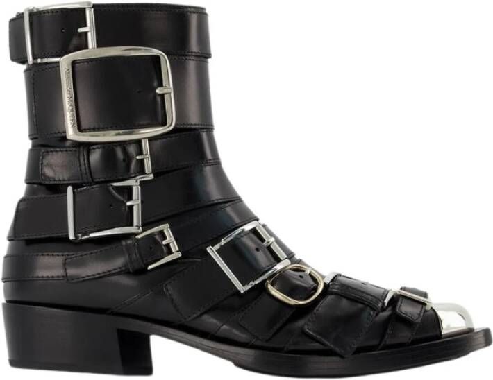 Alexander mcqueen Zwarte Leren Laarzen met Amandelvormige Neus Black Dames