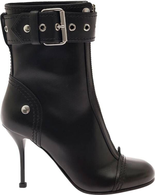 Alexander mcqueen Zwarte Leren Enkellaarzen met Ritssluiting en Metalen Gesp Black Dames