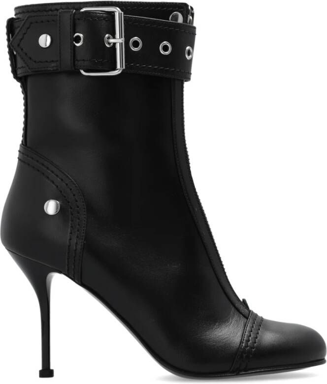 Alexander mcqueen Zwarte Leren Enkellaarzen met Ritssluiting en Metalen Gesp Black Dames