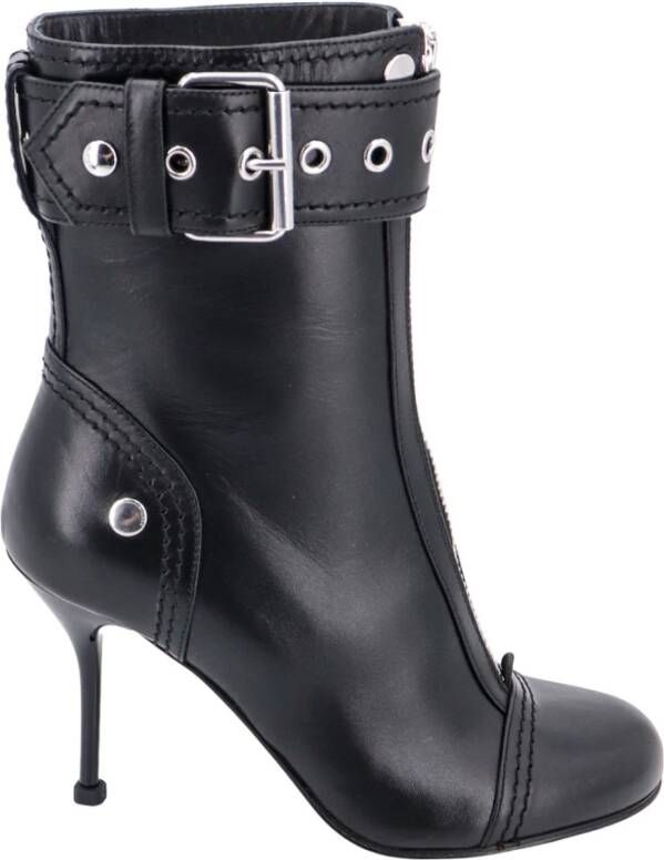 Alexander mcqueen Zwarte Leren Enkellaarzen met Ritssluiting en Metalen Gesp Black Dames