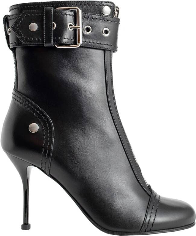 Alexander mcqueen Zwarte Leren Enkellaarzen met Ritssluiting en Metalen Gesp Black Dames