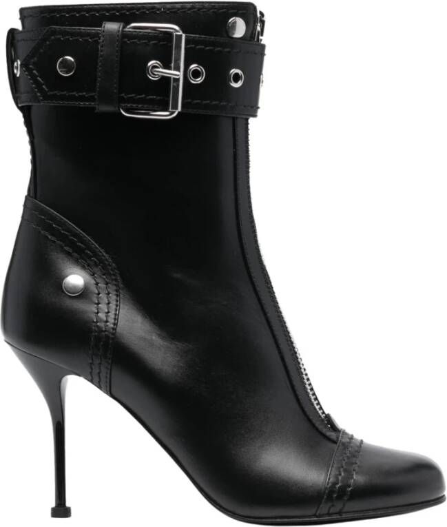 Alexander mcqueen Zwarte Leren Enkellaarzen met Ritssluiting en Metalen Gesp Black Dames