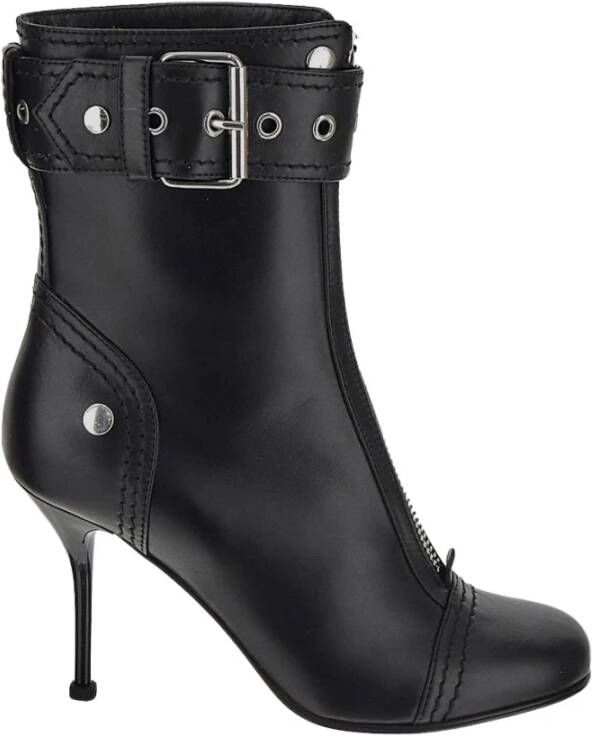 Alexander mcqueen Zwarte Leren Enkellaarzen met Ritssluiting en Metalen Gesp Black Dames