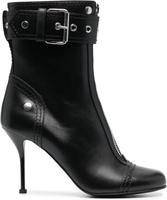 Alexander mcqueen Zwarte Leren Enkellaarzen met Ritssluiting en Metalen Gesp Black Dames