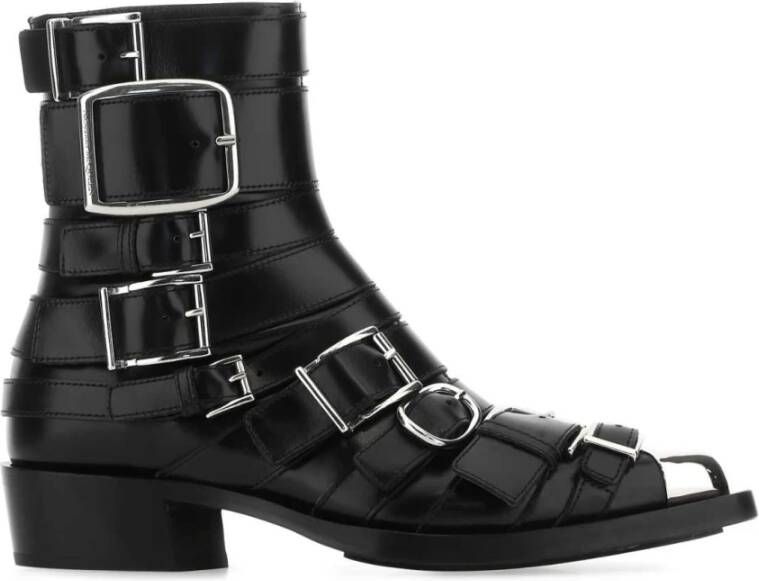 Alexander mcqueen Zwarte Leren Laarzen met Amandelvormige Neus Black Dames