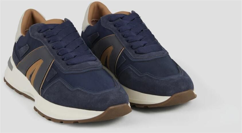 Alexander Smith Liverpool Heren Zachte Blauw Leren en Gewassen Blauw Nylon Sneakers met Bruin Zijlogo