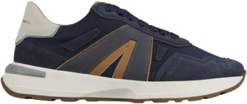 Alexander Smith Liverpool Heren Zachte Blauw Leren en Gewassen Blauw Nylon Sneakers met Bruin Zijlogo