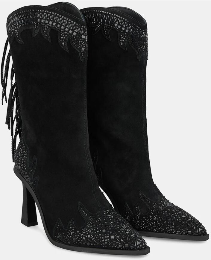 Alma en Pena Enkellaarsjes met puntige neus en franjes Black Dames