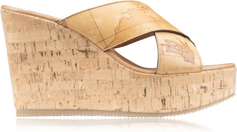 Alviero Martini 1a Classe Geografische Slip-On Sleehak Pantoffels Beige Dames