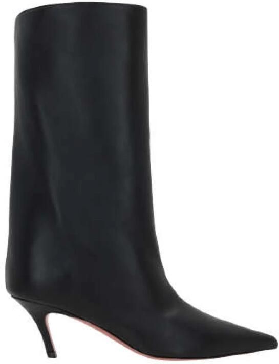 Amina Muaddi Zwarte enkellaarsjes met spitse neus en schuine overkapte hak - Foto 2
