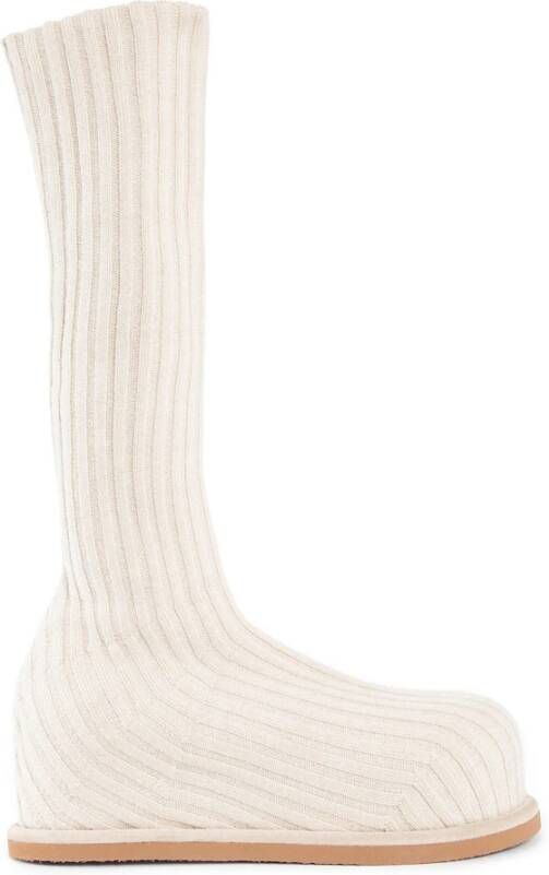 Amina Muaddi Beige Fuzzy Ribbed Knit Stretch Boot