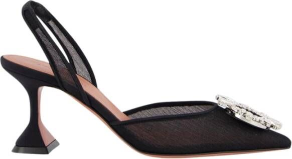 Amina Muaddi Zwarte Mesh Slingback Hakken met Kristallen Gesp
