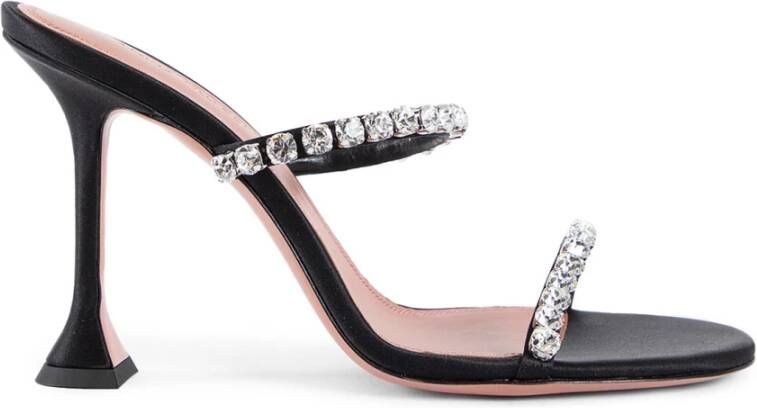 Amina Muaddi Zwarte Satijnen Kristal Slipper Piramide Hak